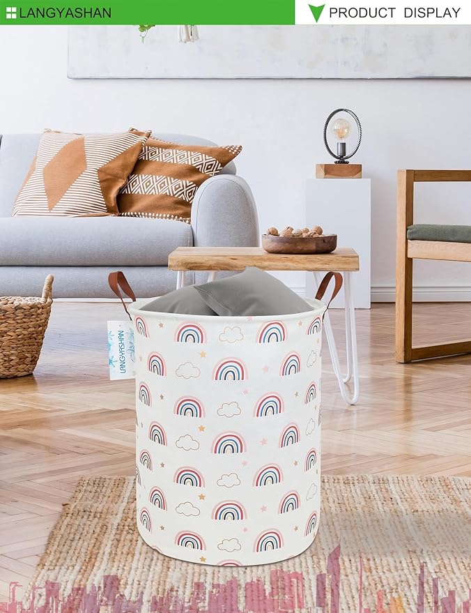 Laundry Basket Canvas Fabric Collapsible Organizer Basket for Storage Bin Toy Bins Gift Baskets Bedroom Clothes Children Nursery Hamper (Round Cloud Rainbow)