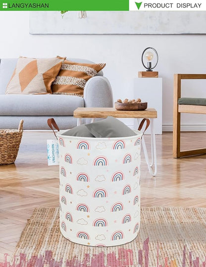 Laundry Basket Canvas Fabric Collapsible Organizer Basket for Storage Bin Toy Bins Gift Baskets Bedroom Clothes Children Nursery Hamper (Round Cloud Rainbow)