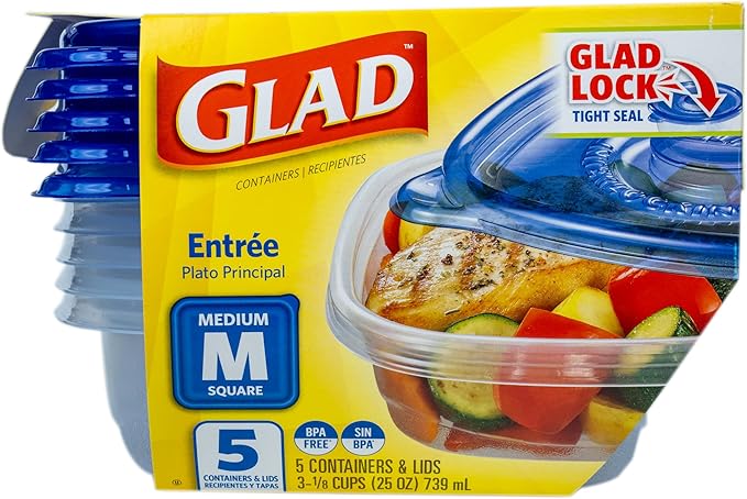 Glad GladWare Entree Food Storage Containers with Lids, Medium Square BPA Free Plastic for Meal Prep and Lunches, Lock Tight Seal, Microwave and Dishwasher Safe, 25 Oz, 5 Count - 2 Pack