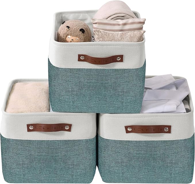 DECOMOMO Storage Bins, Extra Large Fabric Storage Baskets for Shelves, Decorative Linen Closet Organizer, 15.8 x 12.5 x 10 inches (Green & White, 3 Pack)