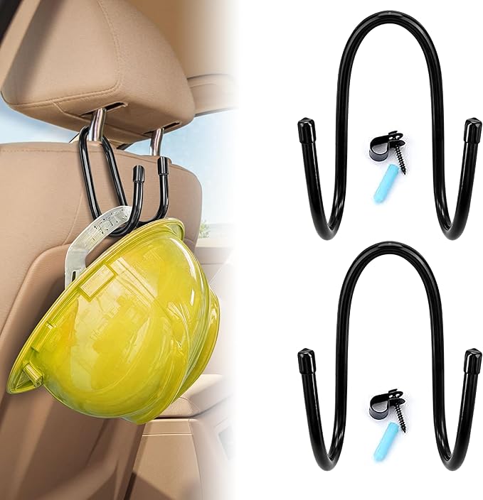 (2PCS) Upgraded Rack Holder - Flexible & Portable Hanger/Hook for Over The Car/Truck Seat or Wall Mount Display | For Hanging Hard Hat, Cowboy Caps, Coats, Vests, Fire, Safety & Motorcycle Helmets
