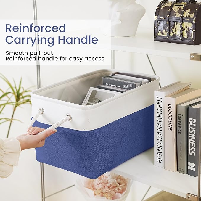 Large Storage Baskets- 15x11x10 inch Storage Bins for Shelves and Closet Organizing, Foldable Fabric Bin for Home Organization Clothes and Laundry (3-Pack, White&Blue)