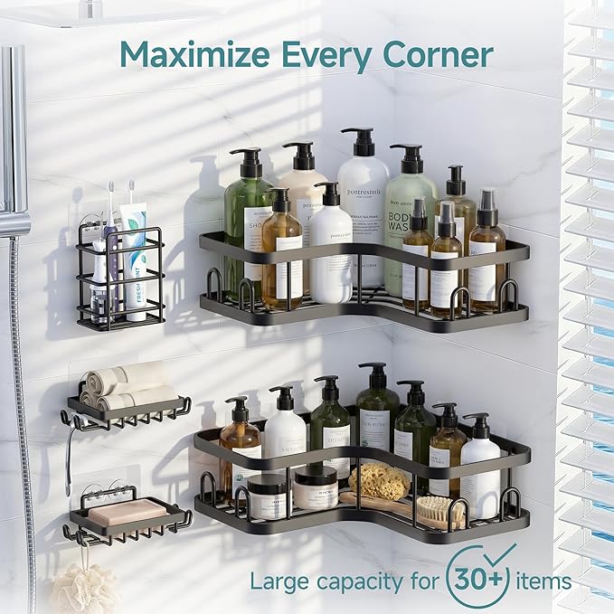 Veken Corner Shower Caddy 5-Pack, Advanced Rustproof Design, No Drilling Adhesive Shelves, Rack with Soap Holder, Large Capacity Bathroom Organizers and Storage, Wall-Mounted Kitchen&Home Decor,Black