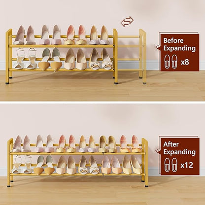 FAVOOSTY 2-Tier Expandable Shoe Rack, Adjustable Shoe Shelf Storage Organizer Space Saving Metal Free Standing Shoe Rack for Entryway Closet Doorway, Gold
