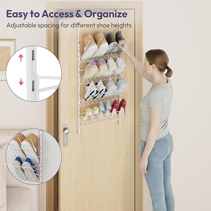 SWTYMIKI Over the Door Shoe Organizer - Adjustable 4 Tier Hanging Shoe Rack Organizer, Metal Heavy Duty Behind Door Storage or Wall Mount Shoes Shelf for Flats, Heels, Sneakers, Boots