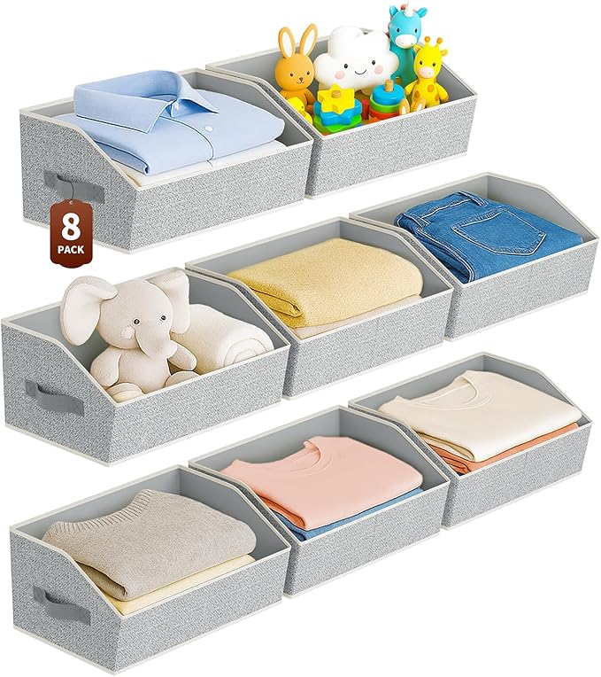 Homsorout Large Closet Organizers and Storage Bins - 8 Pack Trapezoid Storage Baskets for Shelves, Foldable Fabric Baskets with Handles Ideal for Closet, Basket, Wardrobe and Shelf Storage, Light Grey