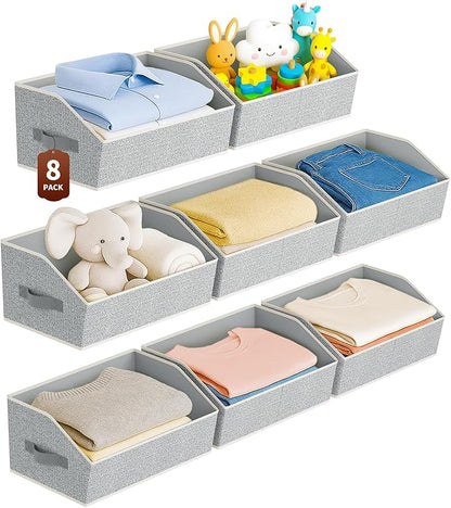 Homsorout Large Closet Organizers and Storage Bins - 8 Pack Trapezoid Storage Baskets for Shelves, Foldable Fabric Baskets with Handles Ideal for Closet, Basket, Wardrobe and Shelf Storage, Light Grey
