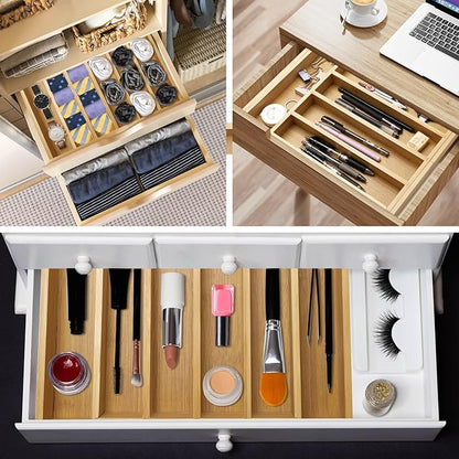 Large Bamboo Kitchen Utensil Drawer Organizer Expandable Flatware Silverware Tray Adjustable Cutlery Drawer Organizer Divider Insert Wood Silverware Utensil Holder Tray Spoon and Fork Organizer