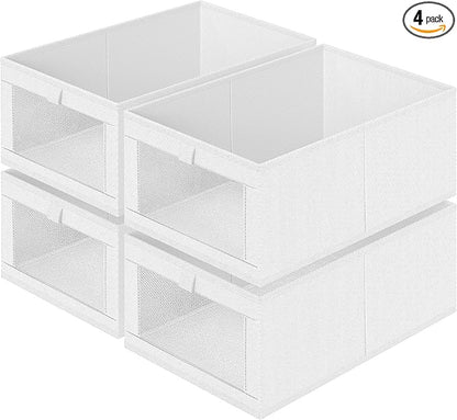 Criusia 4 Pack Closet Organizers and Storage, Large Linen Closet Baskets for Organization, Foldable Storage Containers for Towels, Clothing, Jeans, Books, Shelves, White