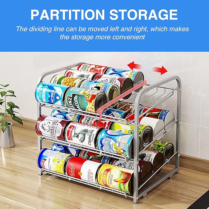 Can Rack Organizer, 3 Tier Stackable Can Storage Dispenser,for Food Storage, Kitchen Cabinets or Pantry, Storage for 36 Cans, Silver