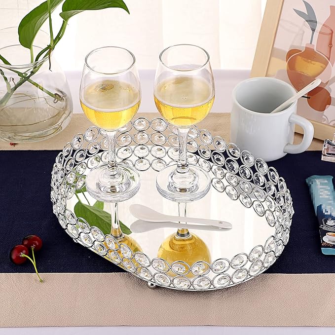Hipiwe Crystal Vanity Tray Mirrored Dresser Perfume Trays for Makeup Tray Cosmetic Skin Care Storage, Jewelry Trinket Organizer Tray for Bathroom Countertop Home Decor (Medium, Silver)