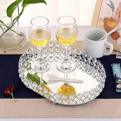 Hipiwe Crystal Vanity Tray Mirrored Dresser Perfume Trays for Makeup Tray Cosmetic Skin Care Storage, Jewelry Trinket Organizer Tray for Bathroom Countertop Home Decor (Medium, Silver)