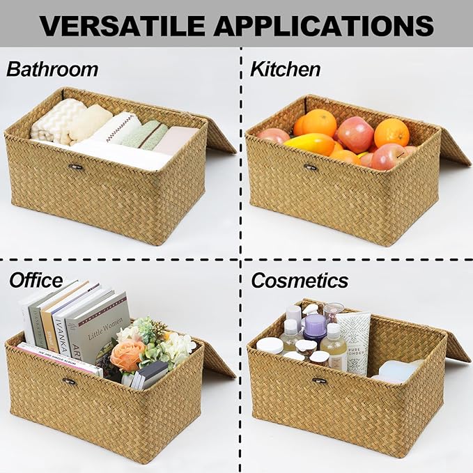 Wicker Basket with Lid, Natural Seagrass Storage Baskets for Organizing, Woven Basket for Storage, Decorative Boxes Bins with Lids Home Organizer Decor (Natural, 14.3" x 9.4" x 6.9")