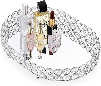 Hipiwe Crystal Vanity Tray Mirrored Dresser Perfume Trays for Makeup Tray Cosmetic Skin Care Storage, Jewelry Trinket Organizer Tray for Bathroom Countertop Home Decor (Medium, Silver)