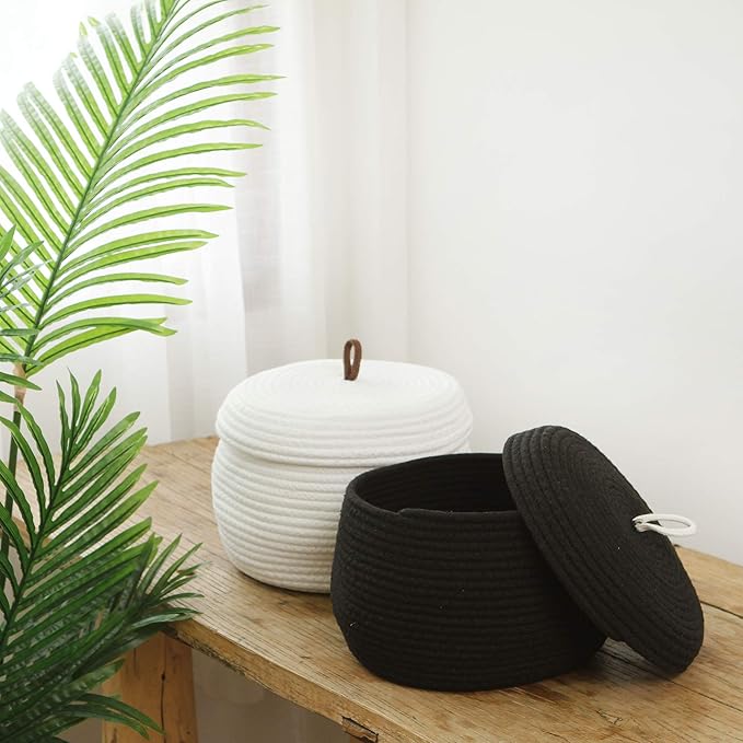 Sea Team Round Cotton Rope Storage Basket with Lid, Decorative Woven Storage Bin, Pot, Caddy, Organizer, Container for Snacks, Towels, Plants (Black, Small/2-Pack)