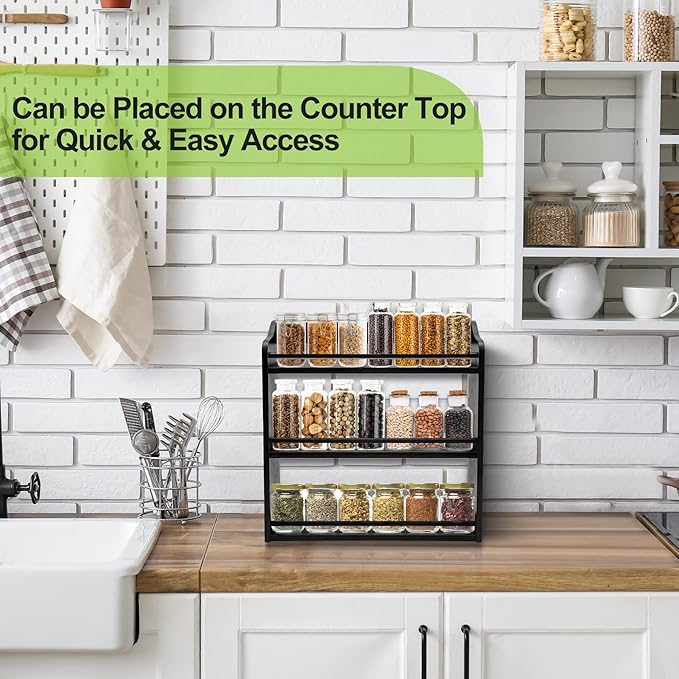 3 Tier Bamboo Spice Rack,Seasoning Jars Rack Shelf Spice Organizer for Kitchen Counter or Wall Mounting (Black)