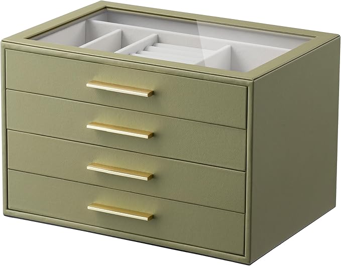 Jewelry Box Organizer Case for Women: 4-Layer Jewelry Storage Case with Glass Window, Olive Green Leather with Cream Velvet, Holder for Ring Necklace Bracelet Brooch Watch, Great Gift for Her