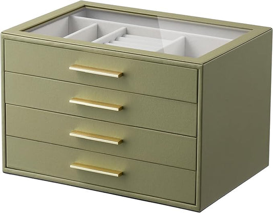 Jewelry Box Organizer Case for Women: 4-Layer Jewelry Storage Case with Glass Window, Olive Green Leather with Cream Velvet, Holder for Ring Necklace Bracelet Brooch Watch, Great Gift for Her