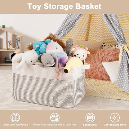 OIAHOMY Extra Large Blanket Basket, 95L Cotton Rope Woven Laundry Basket, Toy Bin for Baby Room, Container for Blanket Storage in Living Room, 24''×17''×14'', Black & White
