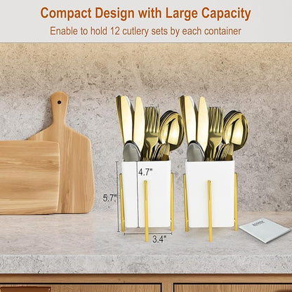 ECOIOU Silverware Caddy with Drain Holes, Cutlery Holder for Party Countertop, kitchen counter, Melamine Bins Set Kitchen Utensil Holder for Spoons, Forks and Knives, White, Pack of 2