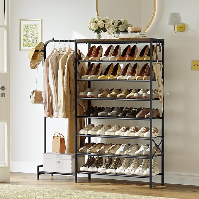 Shoe Rack with Coat Rack, 8 Tier Tall Shoe Storage Organizer with Hooks, 3-in-1, Wooden Top Shelf, Sturdy Frame, Metal Clothes Hanger Stand for Entryway, Closet, Rustic Brown and Black