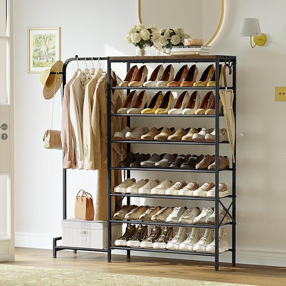 Shoe Rack with Coat Rack, 8 Tier Tall Shoe Storage Organizer with Hooks, 3-in-1, Wooden Top Shelf, Sturdy Frame, Metal Clothes Hanger Stand for Entryway, Closet, Rustic Brown and Black