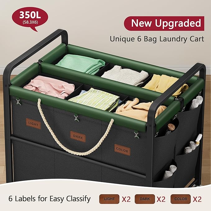 Tajsoon 350L Extra Large Laundry Sorter 6 Section, Heavy Duty Laundry Basket with Lockable Wheels, Laundry Cart with Sturdy Metal Frame, Leather Patchwork Laundry Separated with Removable Bags, Black