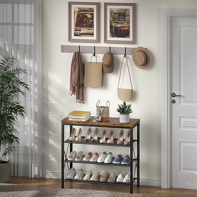 4 Tier Shoe Rack, Metal Shoe Organizer with Wooden Top, Shoe Shelf for Entryway Closet Door Entrance, Rustic Brown