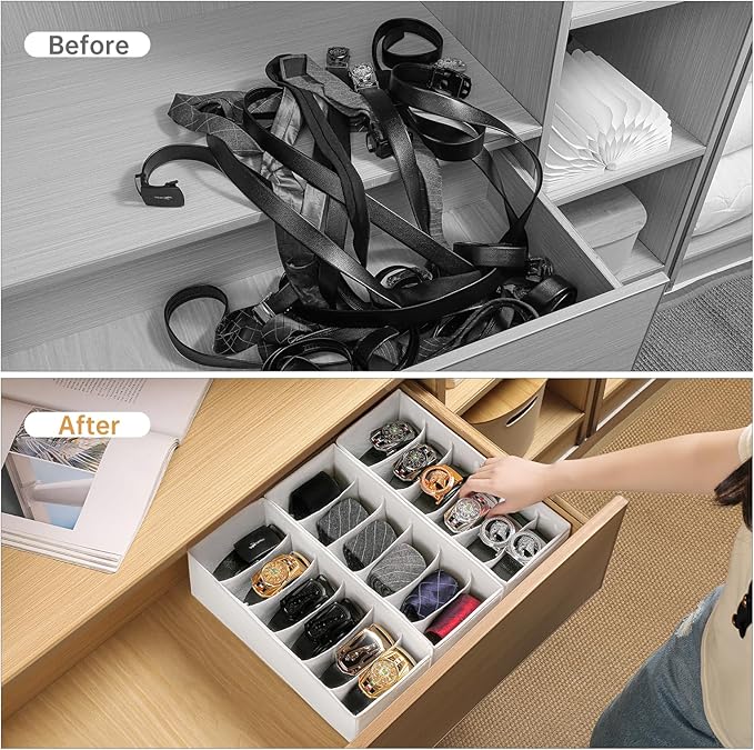 3 Packs Fabric Belt Organizer, 6 Grids Belt Organizer for Closet and Drawer, Foldable Dresser Drawer Organizers, Tie Holder -White