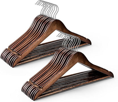 HOUSE DAY Bulk Wooden Hangers 200 Pack, Heavy Duty Wood Coat Hangers for Closet, Smooth Finish Woode Suit Hanger with Non Slip Pants Bar, Sturdy Wood Clothes Hanger for Shirts, Walnut