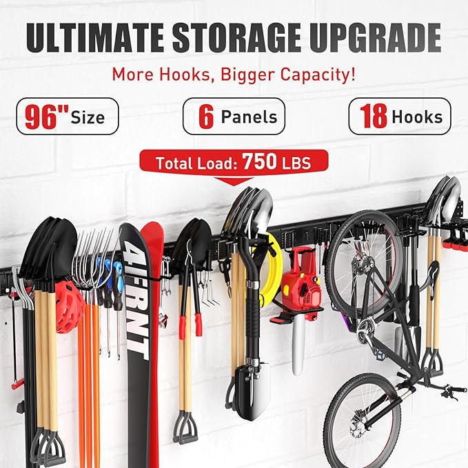 Garage Tool Organizer Wall Mount 99 inches with 18 Adjustable Heavy-Duty Hooks, Garage Organization, Garden Tool Storage Rack, Yard, and Shed, Holds Up to 750 lbs