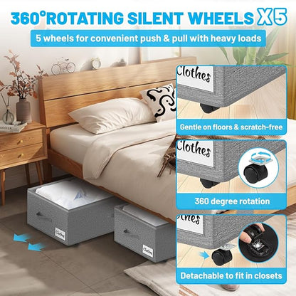 Under Bed Storage with Wheels, 2-Pack 10" Height XXL 75L Rolling Storage Bins, Quick Assembly Underbed Shoe Storage Containers with Clear Lid & Label, Dorm Under Bed Drawers for Clothes, Shoes, Black