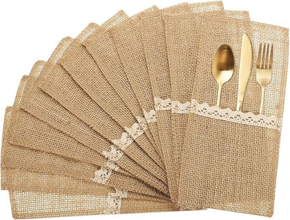 uxcell 24Pcs Burlap Lace Utensil Holders, 4" x 8" Cutlery Pouch Silverware Holder Natural Jute Pouch Bag Burlap Napkin Bag with Bow for Party Wedding Decoration