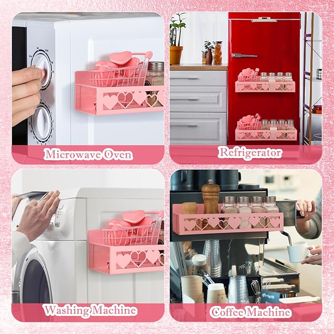 Beeveer 2 Pack Heart Magnetic Spice Rack for Refrigerator Metal Magnet Basket Shelf for Fridge Seasoning Storage Organizers Home Decor Kitchen Accessories (Pink)