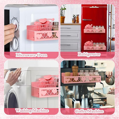 Beeveer 2 Pack Heart Magnetic Spice Rack for Refrigerator Metal Magnet Basket Shelf for Fridge Seasoning Storage Organizers Home Decor Kitchen Accessories (Pink)