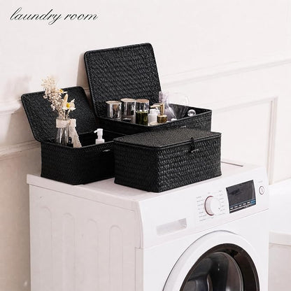 Nonam Storage Basket with Lid, Natural Seagrass Bin with Lid Set of 3, Shelf Baskets Multipurpose Container for Boho Decoration, Rectangular Household Storage Boxes for Home Organization-Black