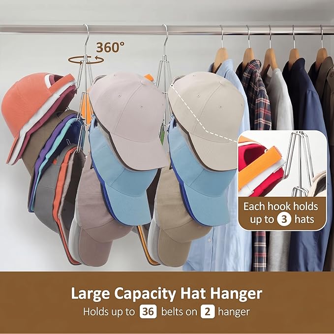 ZEDODIER 2 Pack Hat Organizer for Closet, Rotatable Hat Hanger Holds 36+ Baseball Caps, Space Saving Metal Hat Rack & Cap Holder, No Assembly Required, Hat Storage for Men Women, Silver