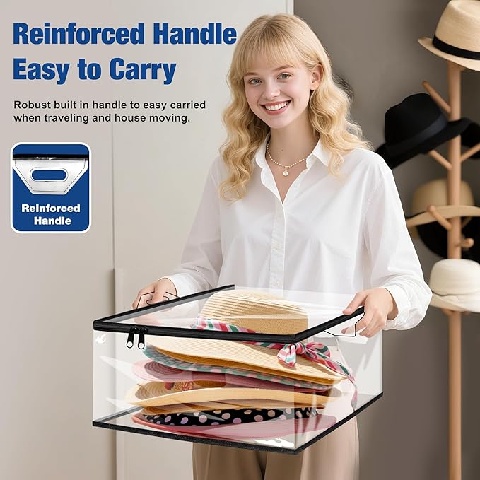 VacPack Clear Hat Storage Bag, Cowboy Women Hat Organizer with Handle, Large Capacity for Cloth, Books, Blanket, Travel， Dorm