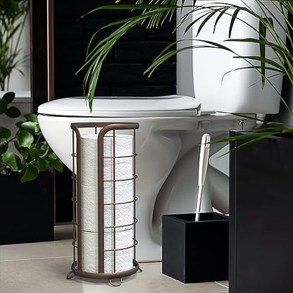 BROOKSTONE Toilet Paper Holder Stand Reserve - Free Standing Toilet Paper Stand with Storage that Holds Mega Rolls, Standing Bathroom Tissue Organizer, Bathroom Decor - Modern Storage Holder, Bronze