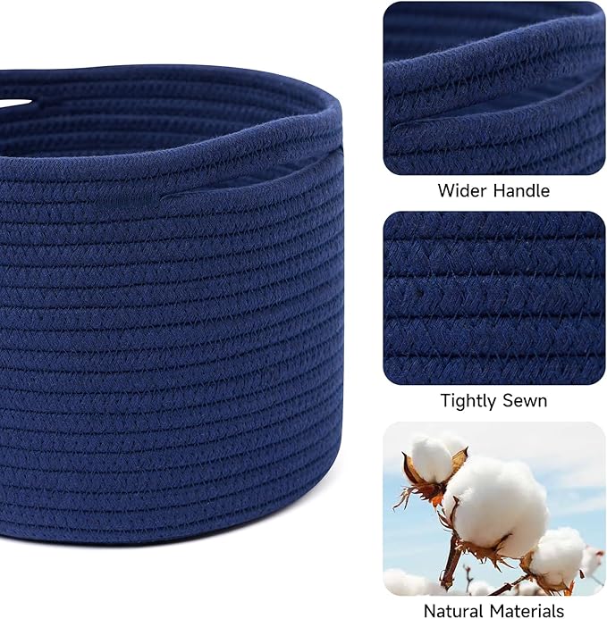 MiniArk Small Basket for Organizing | Cube Shelf Closet Storage Baskets | 9.7×9.7×7.1” | Woven Rope Gift Basket | Nursery | Round 3 Packs Navy Blue