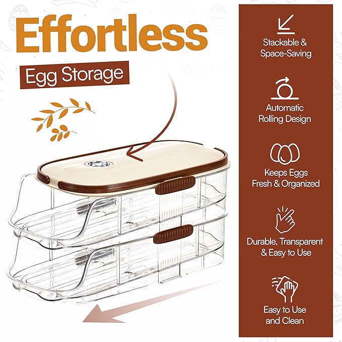 Auto Rolling Egg Holder for Fridge– 2-Tier Gravity Fed Egg Dispenser, Space-Saving Fridge Organizer for Fresh Eggs, No Assembly Required
