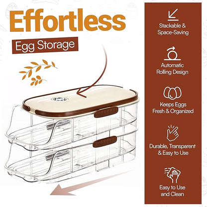 Auto Rolling Egg Holder for Fridge– 2-Tier Gravity Fed Egg Dispenser, Space-Saving Fridge Organizer for Fresh Eggs, No Assembly Required
