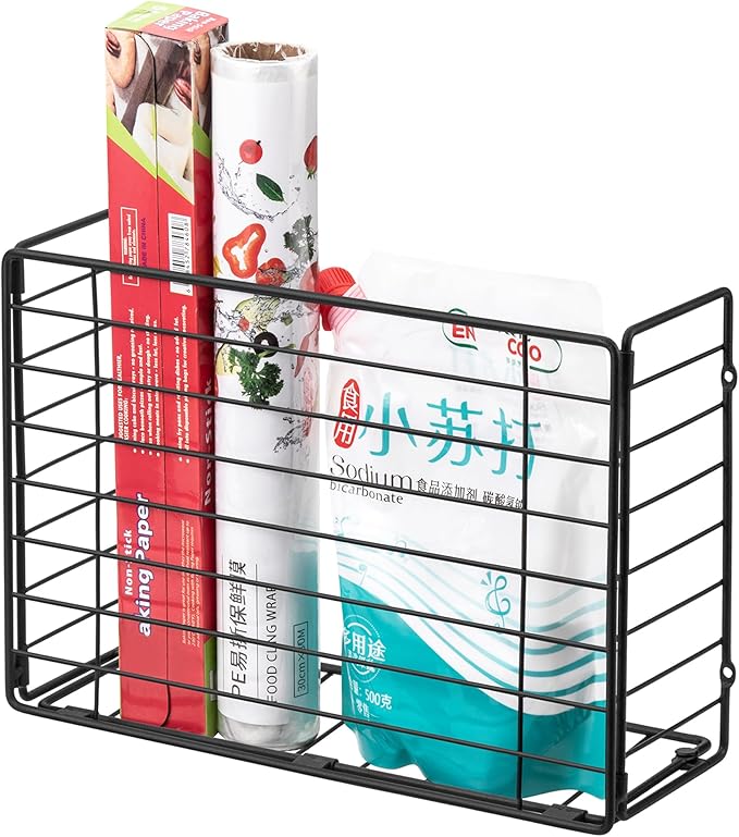 Lonian Wall Mounted Storage Basket, Black Metal Wire Kitchen Wrap Organizer Rack, Heavy Duty Hanging Basket for Cabinet Door, Pantry, Cutting Boards, Foil, and Cleaning Supplies