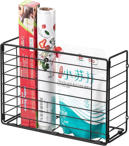 Lonian Wall Mounted Storage Basket, Black Metal Wire Kitchen Wrap Organizer Rack, Heavy Duty Hanging Basket for Cabinet Door, Pantry, Cutting Boards, Foil, and Cleaning Supplies