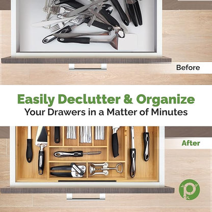 Pristine Bamboo Silverware Organizer - Expandable Kitchen Drawer Organizer - Adjustable Kitchen Drawer Organizer for Utensils, Expandable to 22 Inches Wide, 10 Compartments, Silverware Tray for Drawer