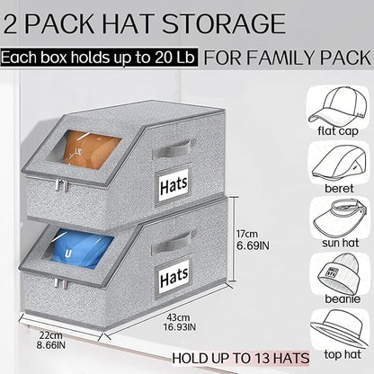 2 Pcs Stackable Hat Storage for Baseball Caps With Breathable Clear Window Lid, Flip-Top Access,Dust-Proof Zipper,Durable Cardboard Base,Space-Saving Cap Box