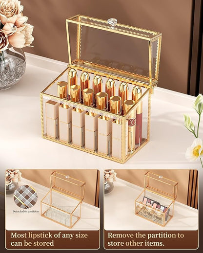CoralHouse Lipstick Organizer,Luxury Tempered Glass Lipstick Holder & Nail Polish Organizer, 18-Slot Vanity Cosmetic Organizer with Removable Dividers, Gold