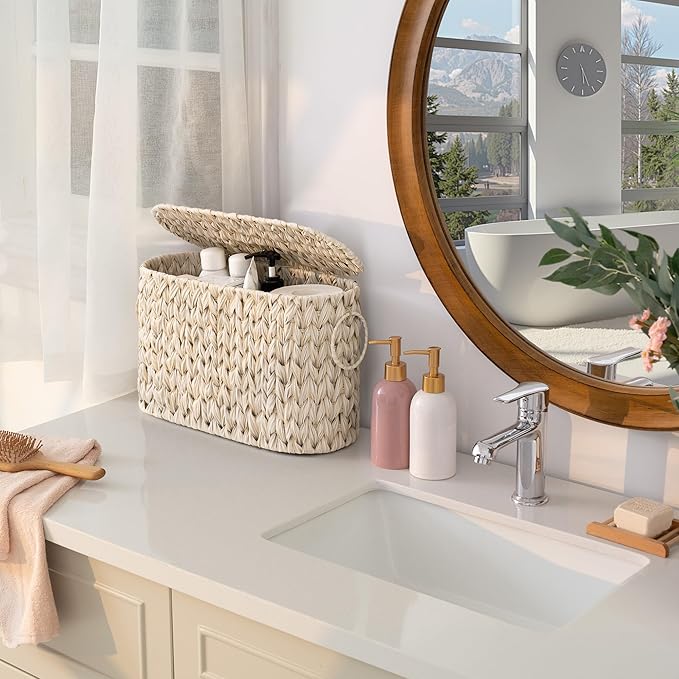 GRANNY SAYS Toilet Paper Storage Basket with Lid, Freestanding Toilet Paper Holder, Bathroom Organizers and Storage, Wicker Basket for Bathroom Storage, Butter Milk
