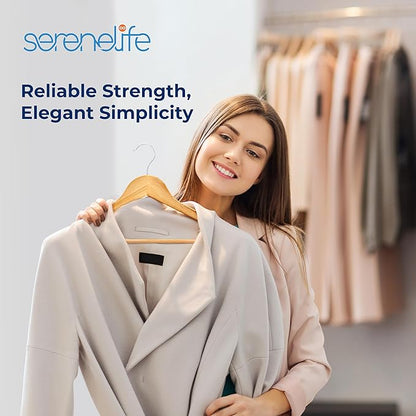 SereneLife Solid Wooden Hangers, Mega Pack, 50 Pieces Hangers for Clothes, Heavy Duty Suit Hanger Set with Chrome 360 Degree Swivel Hook, Notched Design, Natural Wood Color