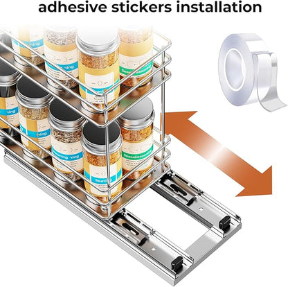 Mystozer Pull Out Spice Rack Organizer for Cabinet, Slide Out Spice Racks, Easy to Install, 4.33" Wx10.43 Dx8.66 H, 1 Drawer 2 Tiers(Silver)